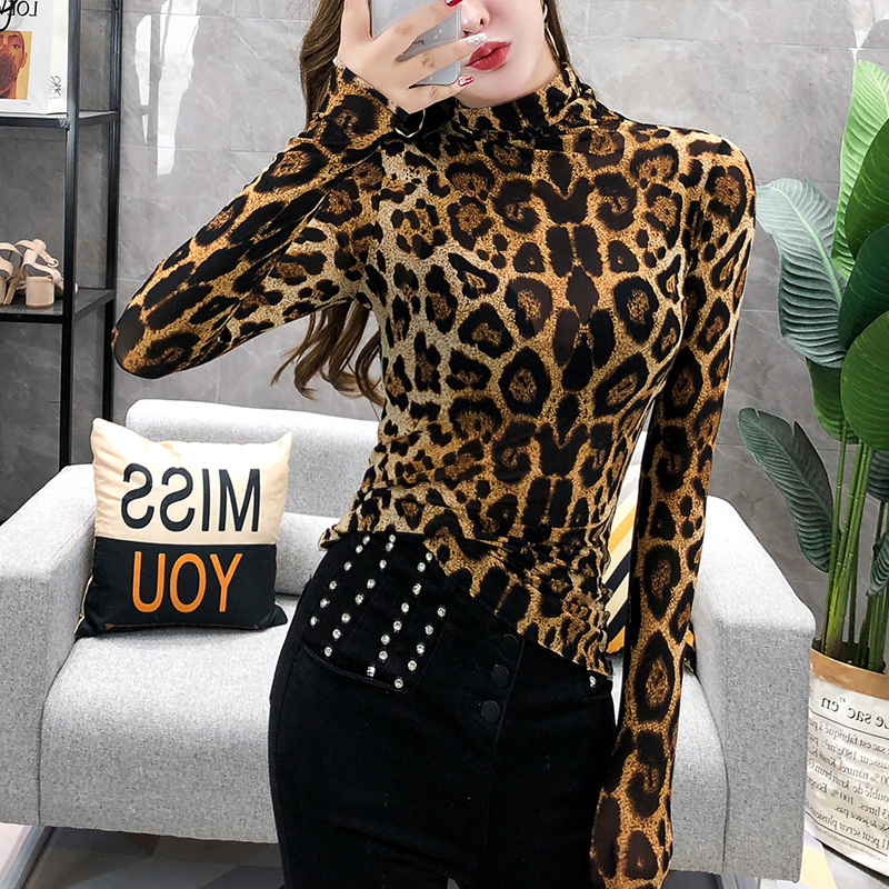 Elegante Plus Size Tops Fashion Women Long Sleeve Leopard Blouse Turtleneck Shirt Ladies OL Party Top Streetwear Blusas 7704 50 201126