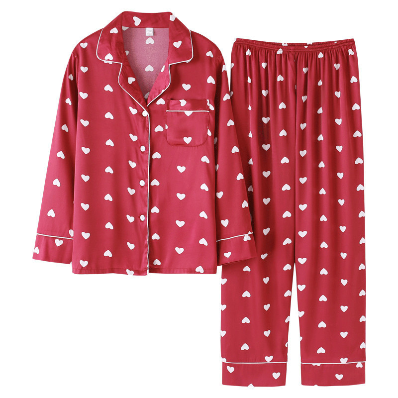 CAIYIER Winter Couple Pajamas Set Silk Loves Print Long Sleeve Sleepwear Men & Women Casual Big Size Lovers Nightwear M-5XL 201027