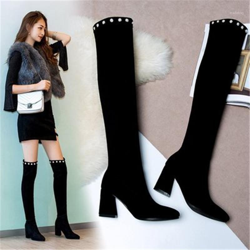 Spring Autumn Over The Knee Sock Boots Women Stretch Fabric Thigh High Sexy High heels Pointed Toe Long Bota Feminina Size 34-401, Black