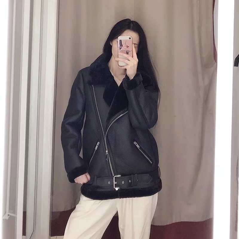Ailegogo Autumn Winter Women Faux Lamb Leather Jacket Streetwear Thickness Sheepskin Female Loose Coat with Belt Outwear 201030