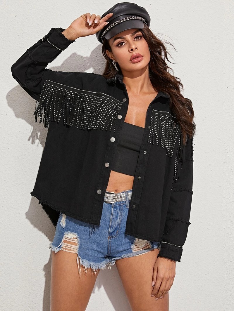 Fringed Frayed Denim Jacket Women New Autumn Winter Lapel Beaded Loose Version Jacket Denim Fashion Casual Jacket Top 201028