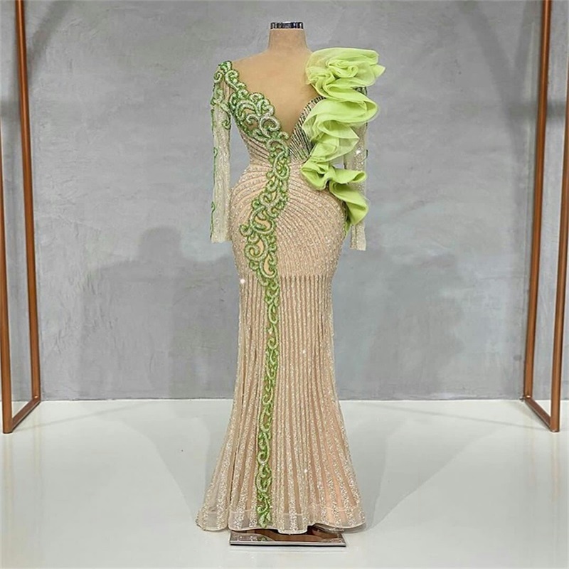 Luxury Evening Dresses Glitter Crystal Sequins Beads Appliqued Mermaid Prom Dresses Long Sleeves Custom Made Formal Party Pageant Gown Chic