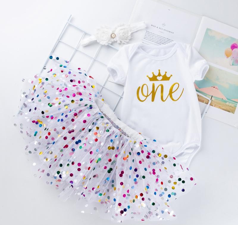 INS Baby Tutu Dot Skirt With Bow & Romper & Crown Headband 3pcs/set Girls Birthday Photography Dress Kids Halloween Princess Party Clothe