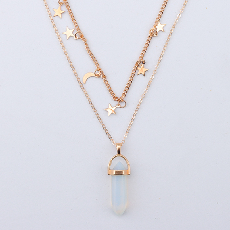 Classic Multilayer Hexagon Prism Natural Stone Pendant Necklace High Quality Gold Chain Star Moon Jewelry for Women