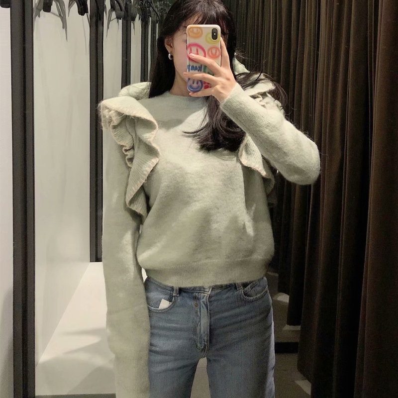 Fall Za Green Knitted Sweater Women Clothing Pullover Cropped Woman Sweaters Vintage Long Sleeve Ruffle Shoulder Ladies Top 201223