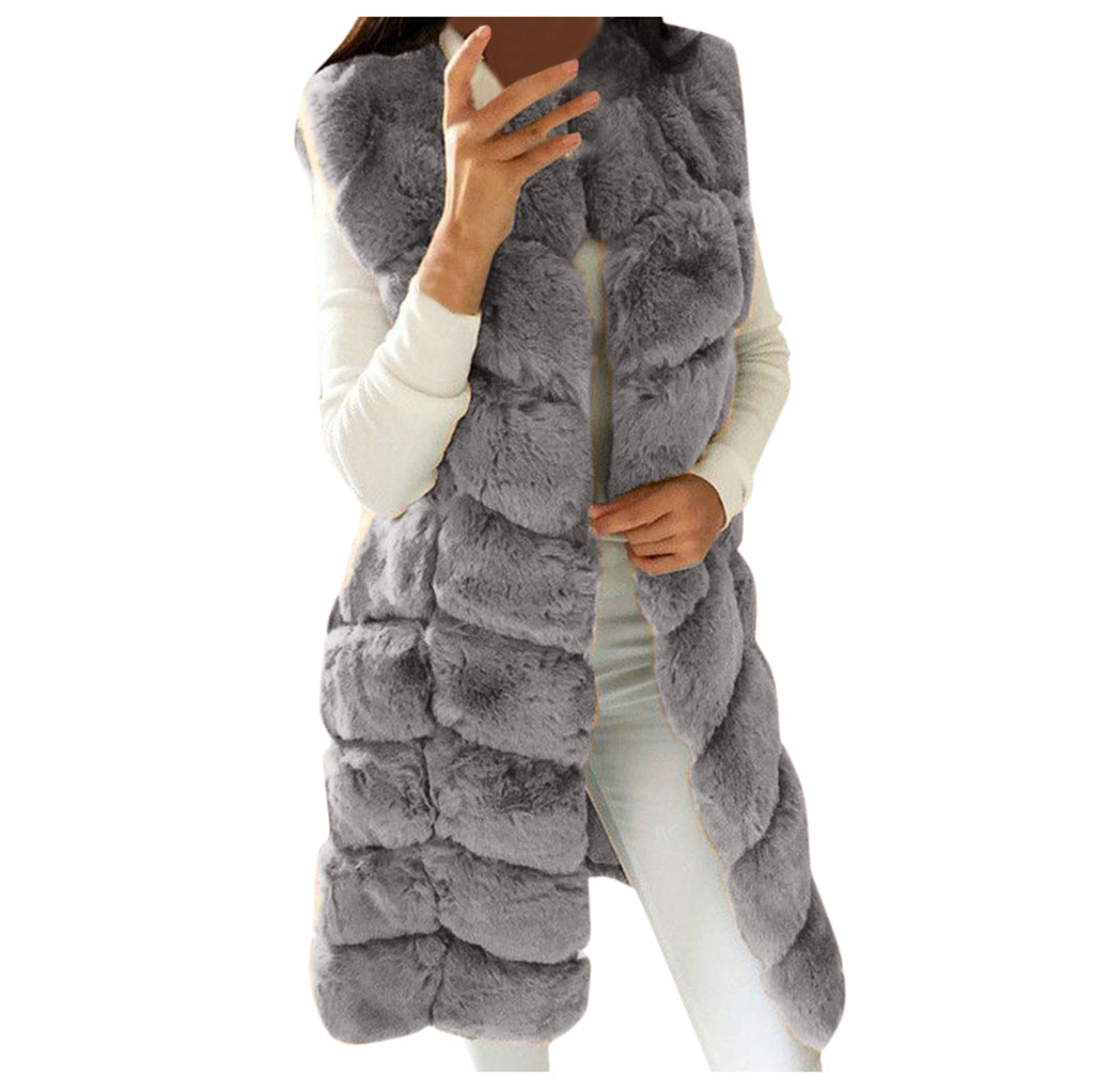 Womens Fur Vest Ladies Elegant Faux Fur Long Winter Jackets Coat Black Sleeveless Waistcoat Body Warmer Outwear 201031