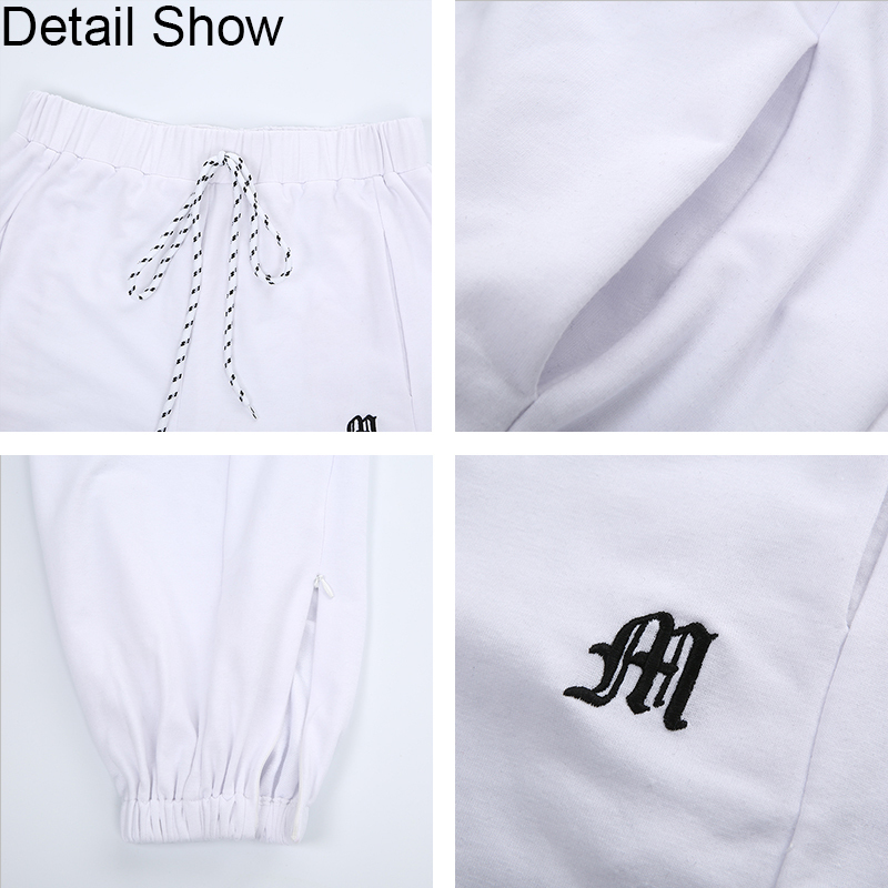 Streetwear Drawstring Embroidery Side Zipper White Sweatpants Joggers Women Harajuku Wide Trousers Hip Hop y2k Pants Capris 201112