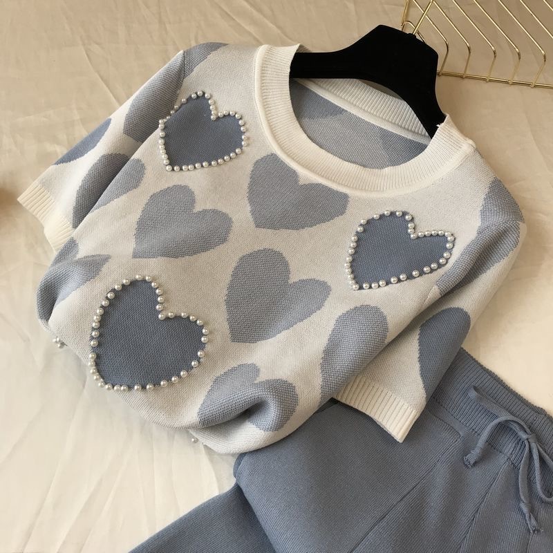 Korean summer Love printed knitted 2 Peice Set Women short sleeve beading Sweater Female tops+pants Suit pink casual Tracksuit 201007
