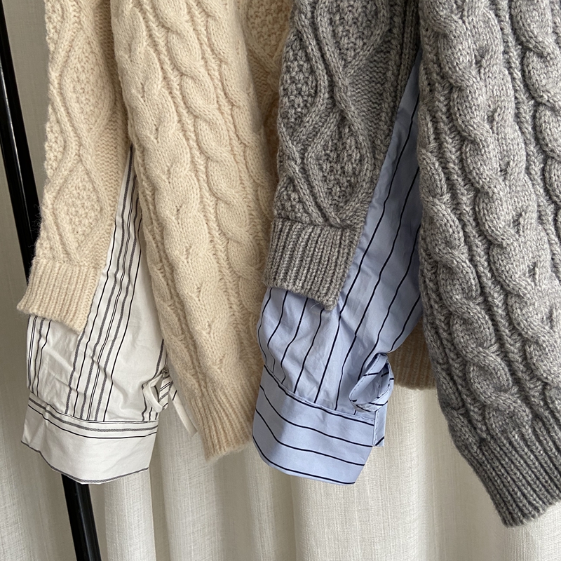 Autumn winter New design womens o-neck coarse wool knitted loose palazzo pullover jumper shirt patched faux 2 pcs sweater tops