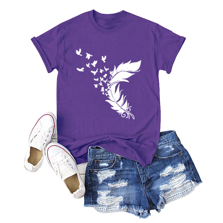 2020 Women casual Harajuku fashion t-shirt feather print loose o-neck short sleeve elastic stretched summer home new Tee Shirt