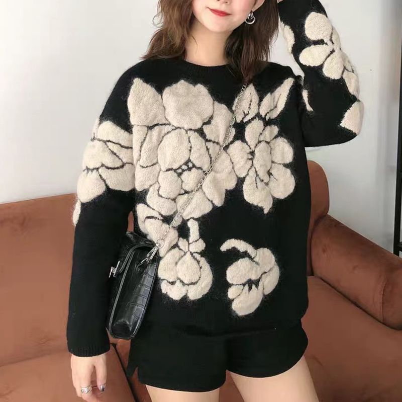 Autumn Winter Floral Print Sweater Women Knitted Pullover Femme Sweaters High Quality Knitted Oversize black Sweater Jumper 201031