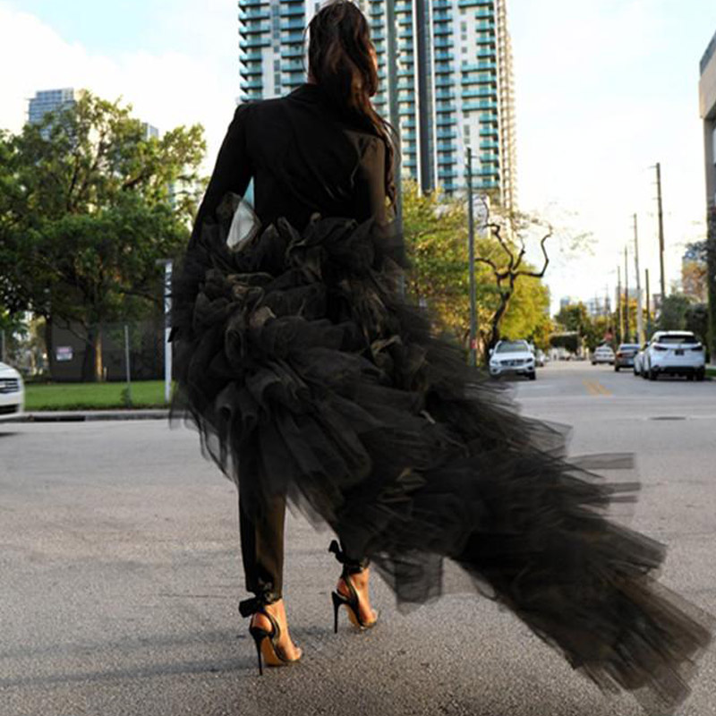 Black Pant Suit Women Party Formal Dresses Evening with Tiered Tulle Train V Neck Long Sleeves Prom Vestidos