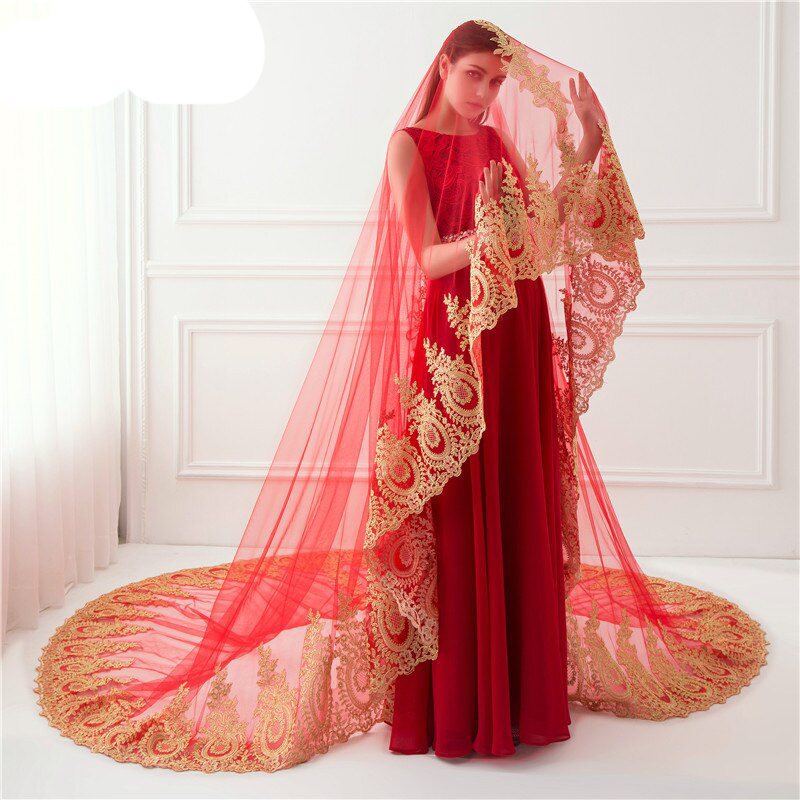 red muslim wedding veils with gold lace appliques custom made tulle bridal veil wedding accessories