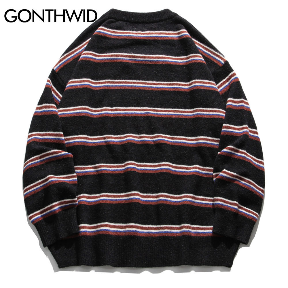 GONTHWID Harajuku Stripe Knitted Jumpers Sweaters Streetwear Hip Hop Casual Pullover Knitwear Mens Fashion Crew Neck Tops 201203