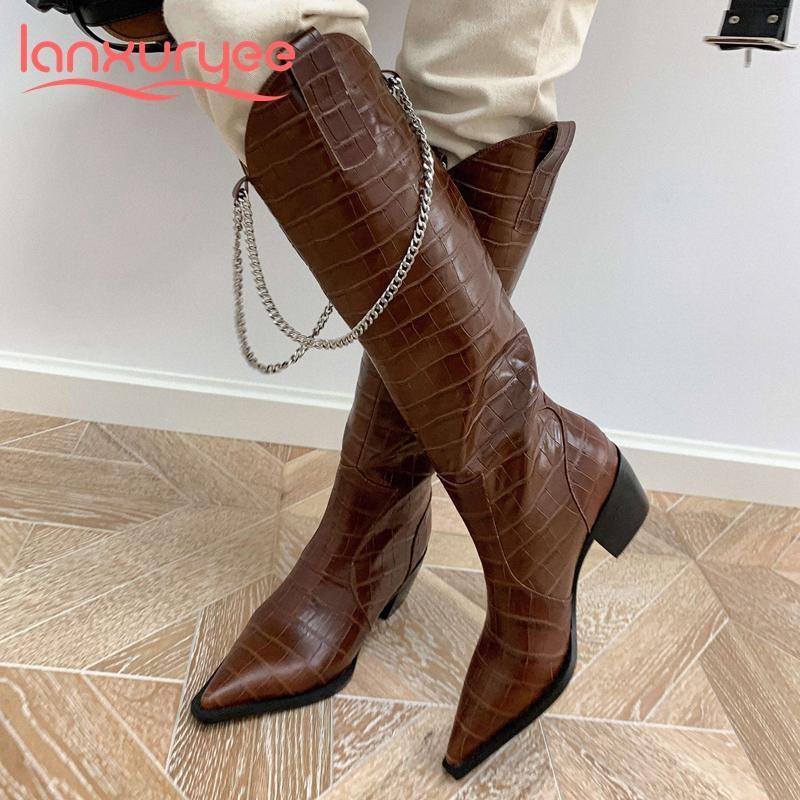 Lanxuryee new genuine leather pointed toe high heel western boots chain decoration punk handsome young lady knee-high boots L07, Black
Lanxuryee new genuine leather pointed toe high heel western boots chain decoration punk handsome young lady knee-high boots L07, Black