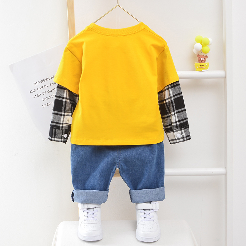 Boys and girls letter printing block two sets of spring and autumn new round neck Pullover Sweater long sleeve jeans twoX1019
