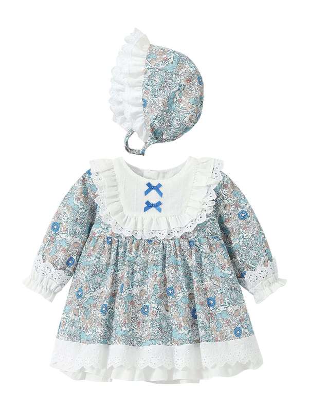 Baby Floral Print Bow Front Lace Trim Dress With Hat SHE