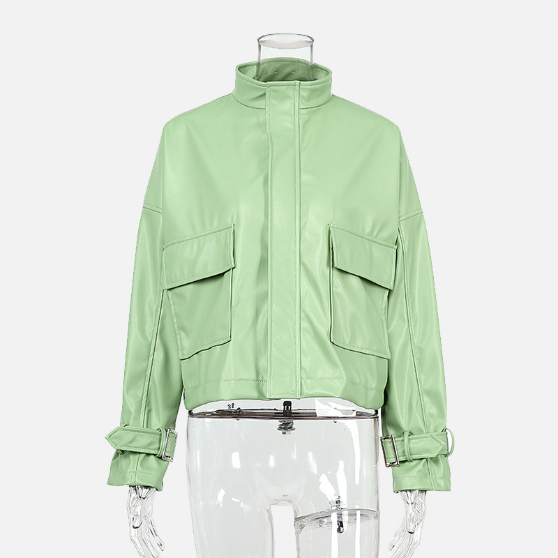 Green Women's Moto Biker Zipper Jacket Faux Leather Autumn Casual PU Jackets Winter Women Long Sleeve Streetwear Coat 201030