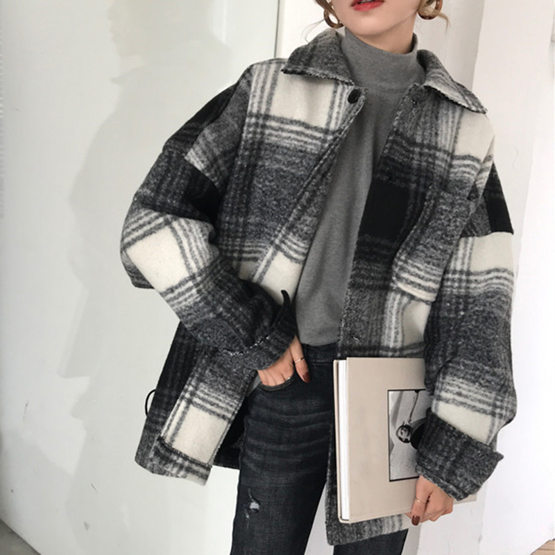 Women's Autumn Plaid Wool Blends Vintage Coat Jacket Check Batwing Sleeve Korean Woman Coats Winter Pocket Outerwear Ladies 201103