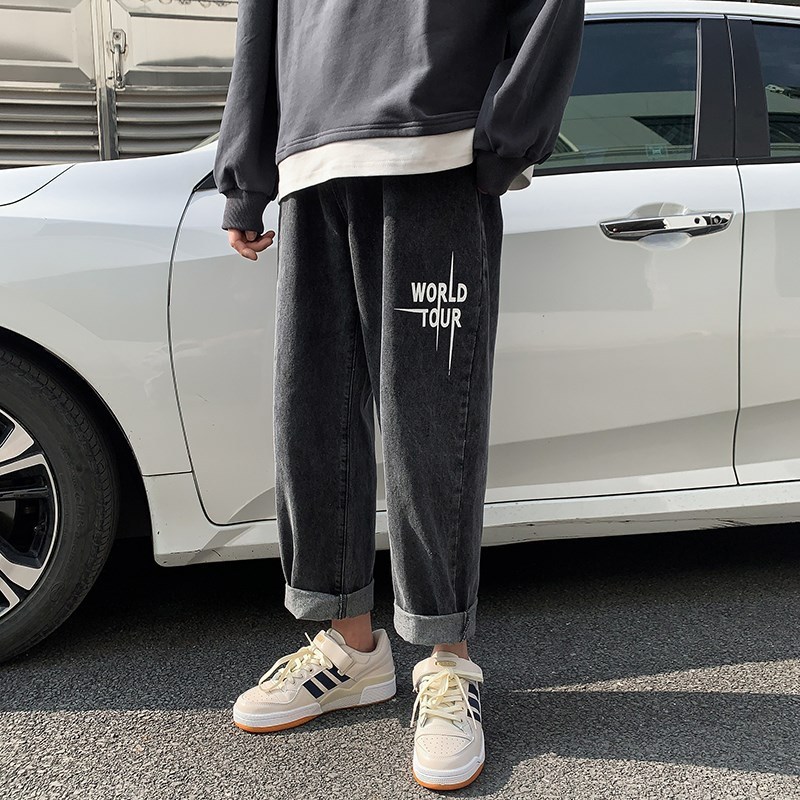 Fashion Letter Jeans Men's Casual Loose Straight Leg Denim Pants Young Light Color Trousers Studnts Allmatch Pants Blue Black 201111