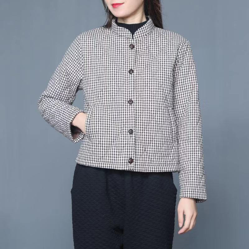 Mom's Autumn Winter Thin Coat Women Cotton Jacket Black and White Plaid Stand Collar Parkas Warm Elegant Female Outerwear office 201019