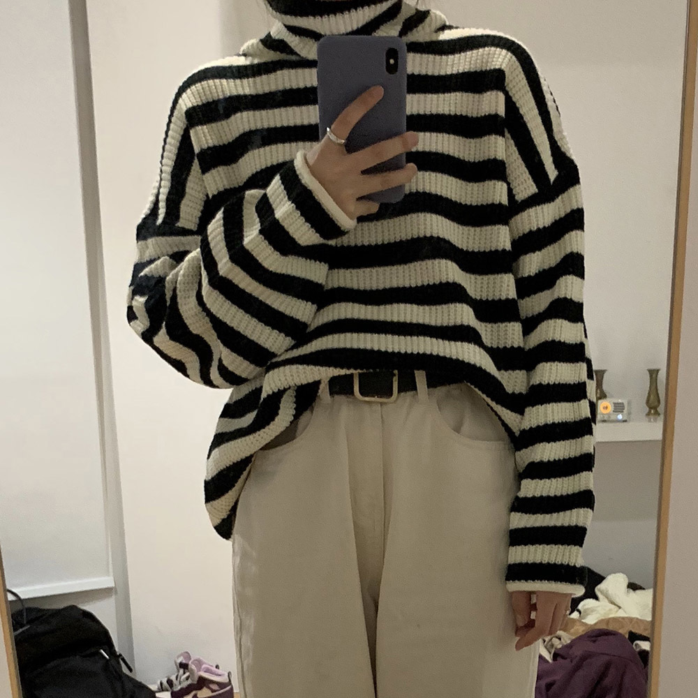 2021 New Korean Version Fashion Loose Autumn Winter Stripe Push Collar Long Sleeve Knitting Sweater 1FTH, Black
2021 New Korean Version Fashion Loose Autumn Winter Stripe Push Collar Long Sleeve Knitting Sweater 1FTH, Black