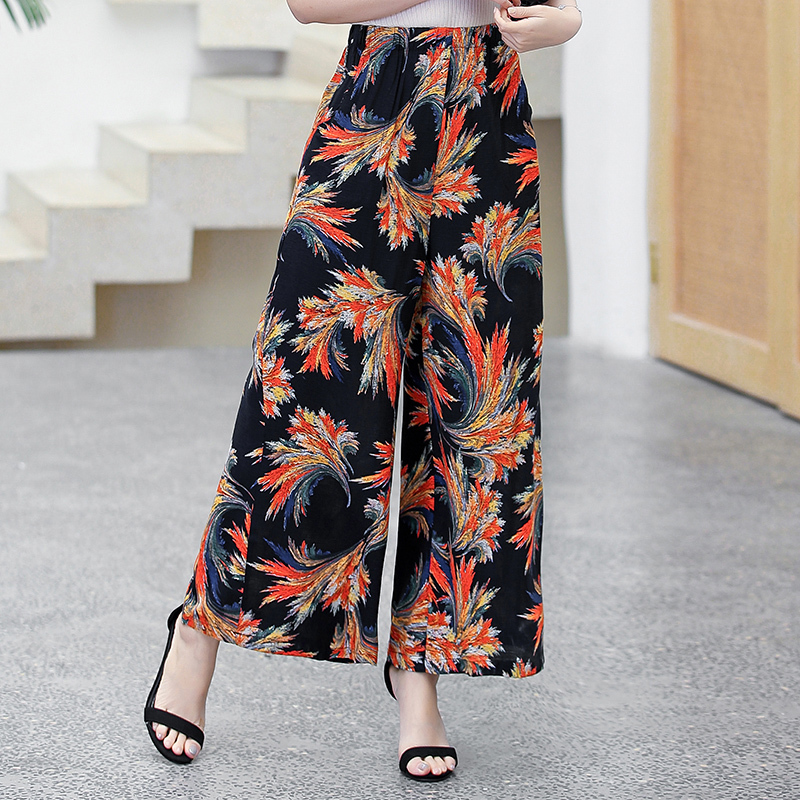 Women Wide Leg Pants Summer Plus Size Loose High Waist Pants Summer Vintage Print Beach Pants Women Ankle-Length Trousers 201031