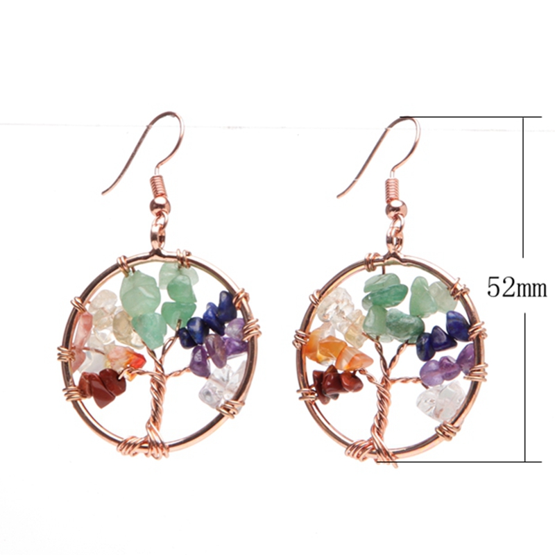 Hand-woven Tree of life Dangle Earrings Copper Wire Wrapped Natural Stone Round Wish-tree Rose Gold Charm Women Earring Reiki Healing Crystal DIY Jewe