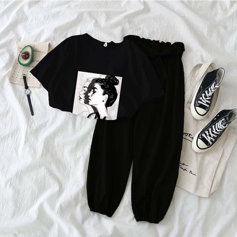 7 colors Printed girl Tshirt tops and pants two piece set women fashion outfits casual 2 Piece Suit Korean clothing summer T200603