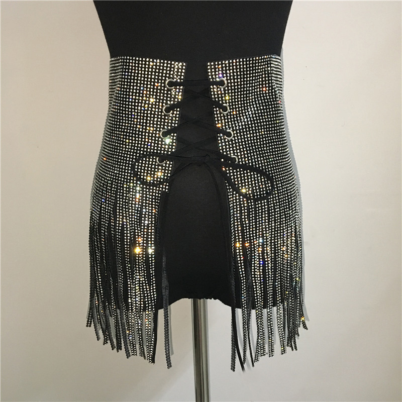 Festival Sexy Sequins Tassel Skirt Handmade Women Lace Up High Waist Niglub Party Mini Skirt for Lady T200106