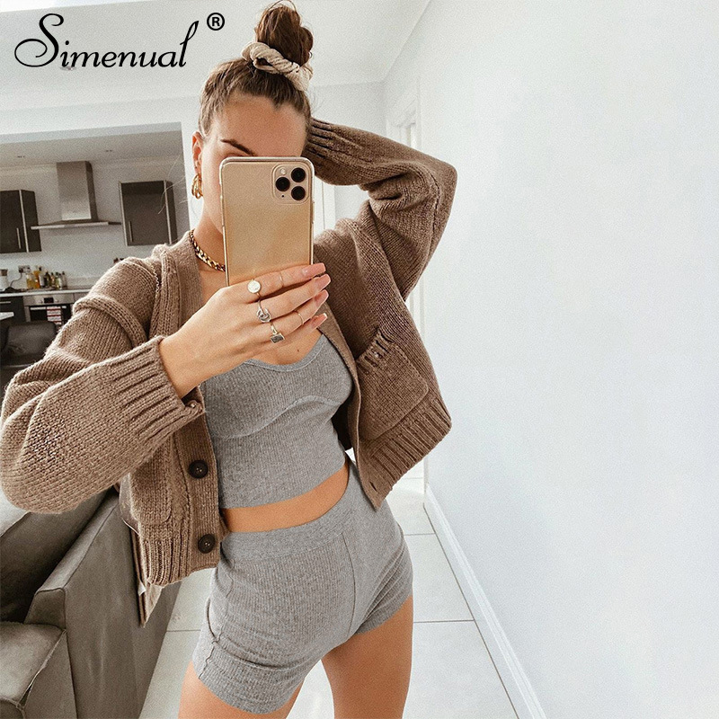 Simenual Casual Sporty Workout Women Matching Sets Ribbed Solid Active Wear 2 Piece Outfits Sleeveless Top And Shorts Co-ord Set T200607