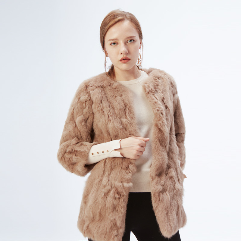 Ethel Anderson Natural O-Neck Thin Long Real Coat Genuine Full Pelt Jacket Women's Rabbit Fur Outwear 201103