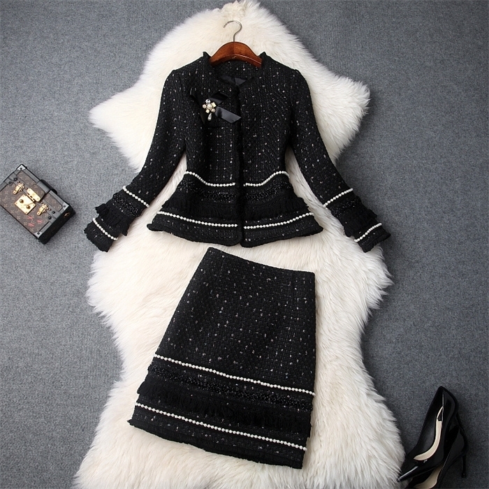 European and American women's 2019 winter clothing new Long sleeve coat + Tweed beaded skirt two-piece suit, Black
European and American women's 2019 winter clothing new Long sleeve coat + Tweed beaded skirt two-piece suit, Black
