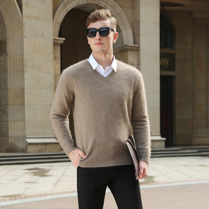 Mink Cashmere Sweater Men Long Sleeve Pullovers Outwear Man V-Neck sweaters Tops Loose Solid Fit Knitting Clothing 9 Colors 201224