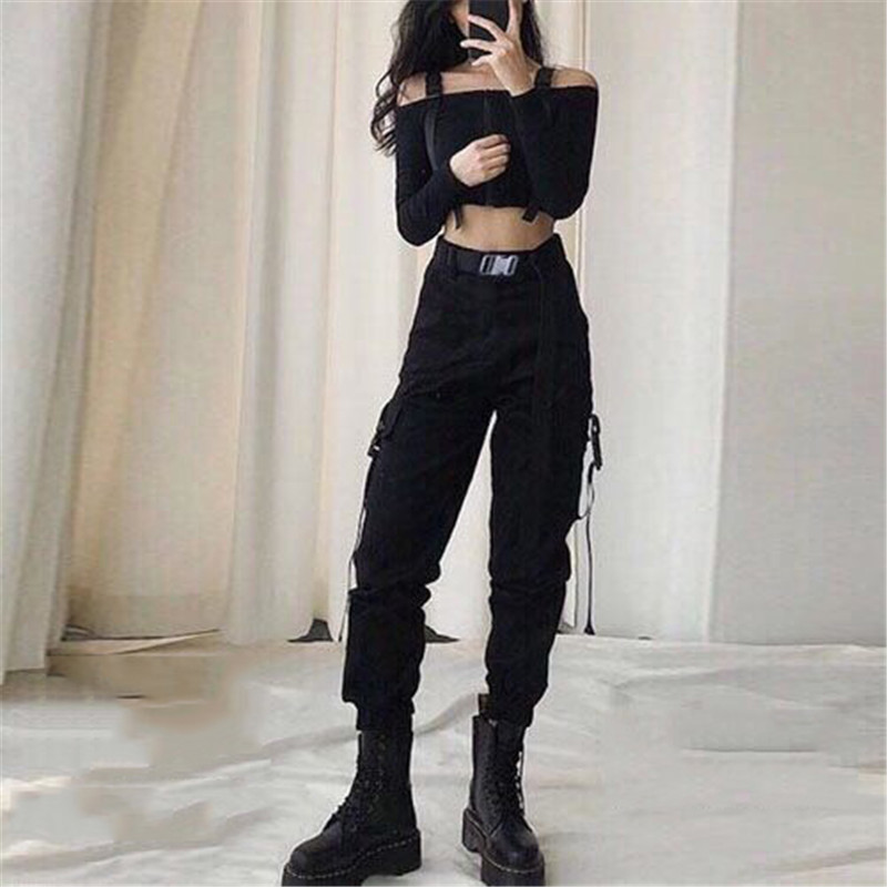 Armygreen Cargo Pants With Belt Women Capri Casual High Waist Trousers Ladies Black Harajuku Hip Hop Joggers School Streetwear 201228