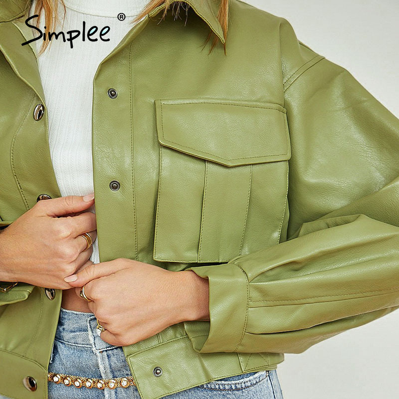 Simplee Casual faux leather jacket women Fashion green motorcycle pocket female leather coat High street short ladies jackets 201023