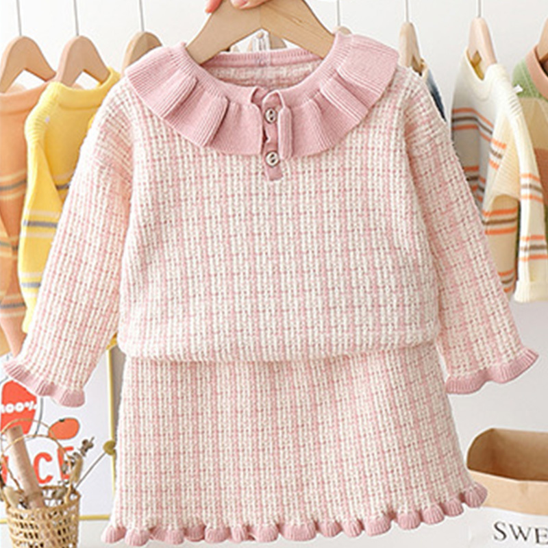 Humor Bear Girls Clothes Suit Autumn Winter New Plaid Doll Collar Girls Sweater+Skirt Sets Baby Kids Children Girls Clothing Y1107