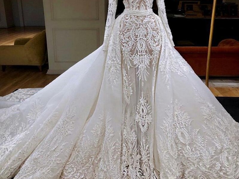 Wedding Mermaid Arabic Lace Dresses with Detachable Train 2021 Sheer Neck Long Sleeve Appliques Bridal Gowns Castle Vestidos De Novia AL7644