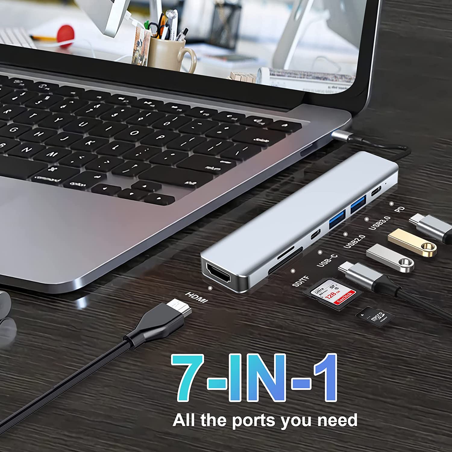 USB C Hub 7 in 1 Adapter with 4K HDMI, 2 Type-C Ports, SD/TF Card Reader, Compatible with MacBook Pro & Air Laptop Supports 100W Fast Charge