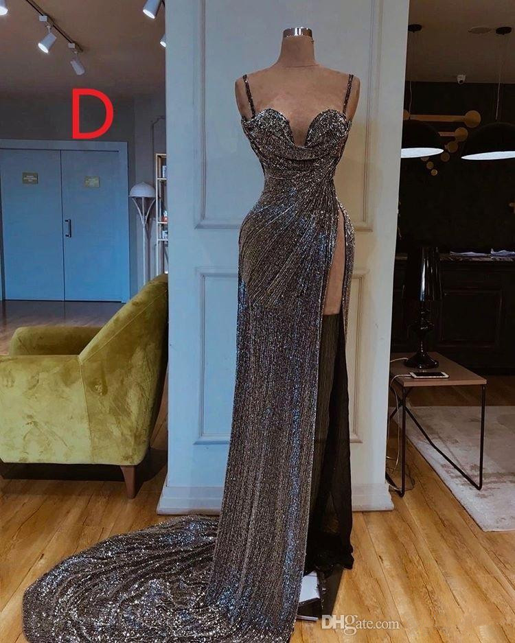 Glitter Sliver Evening Dresses Sexy Side Split Bling Sequins Mermaid Prom Dress Fashion Sweep Train Custom Made Robe De Soirée