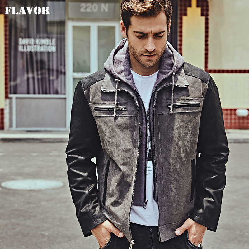 FLAVOR Men's Genuine Leather Jacket with Detachable Hood Men Real Leather Motorcycle Coat 201128