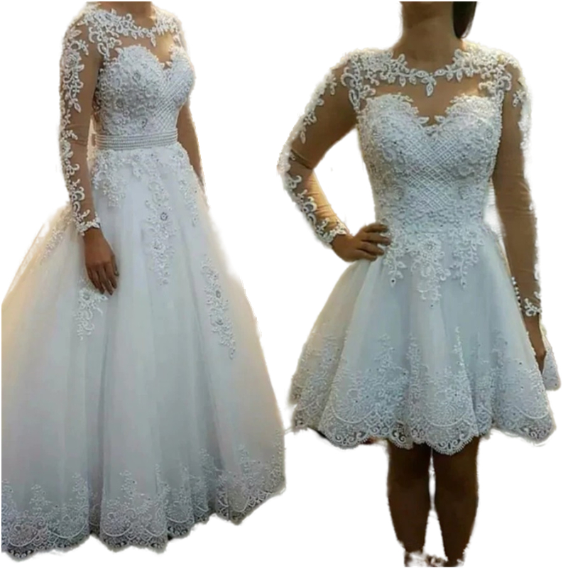 Elegant Pearls Beaded Princess Wedding Dress With Detachable Skirt 2 Piece A Line Appliqued Bride Robe De Mariee Bow Back Illusion Long Sleeve Lace Wh