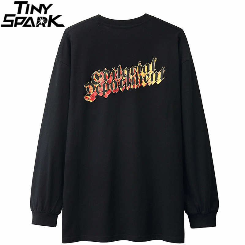 Hip Hop Mens Streetwear Washed T-shirt Cotton Burning Watch Fire Flame T-shirt Harajuku Autumn Long Sleeve Loose Tops Tees 201202