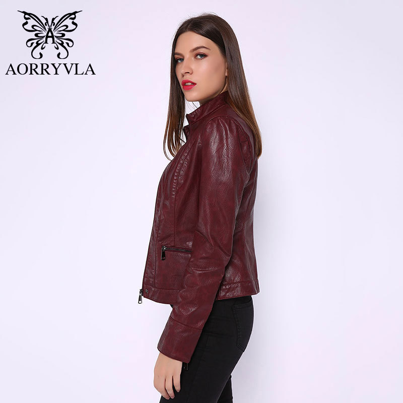 AORRYVLA New Autumn Women's Leather Jacket Slim Black PU Faux Leather Coats Mandarin Collar Motor Biker Jacket With Belt 201226