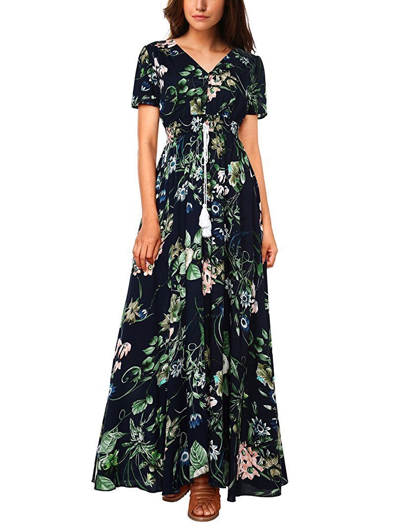 Bohemia Floral Long Women Dress Summer Button Boho Beach Maxi Dress Ladies Fashion Vintage Print casual dress women LDW1026 T200320