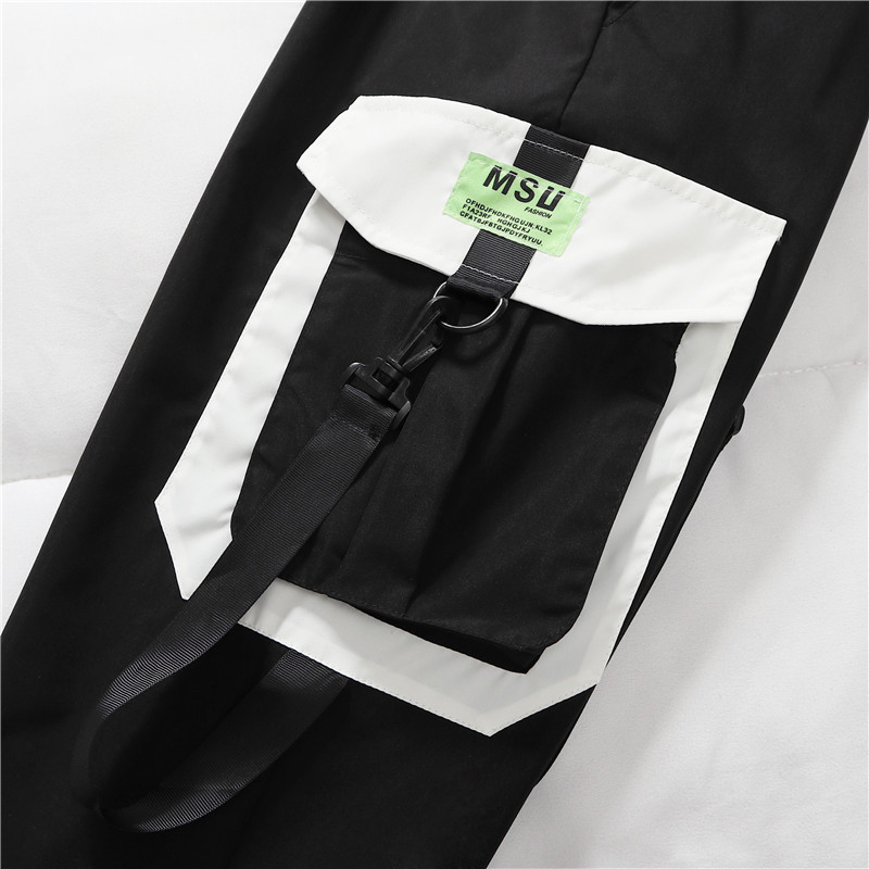 Spring Black Ribbon Cargo Pants Women High Waisted Joggers Women Women's Summer Big Pocket Sweatpants LJ201130