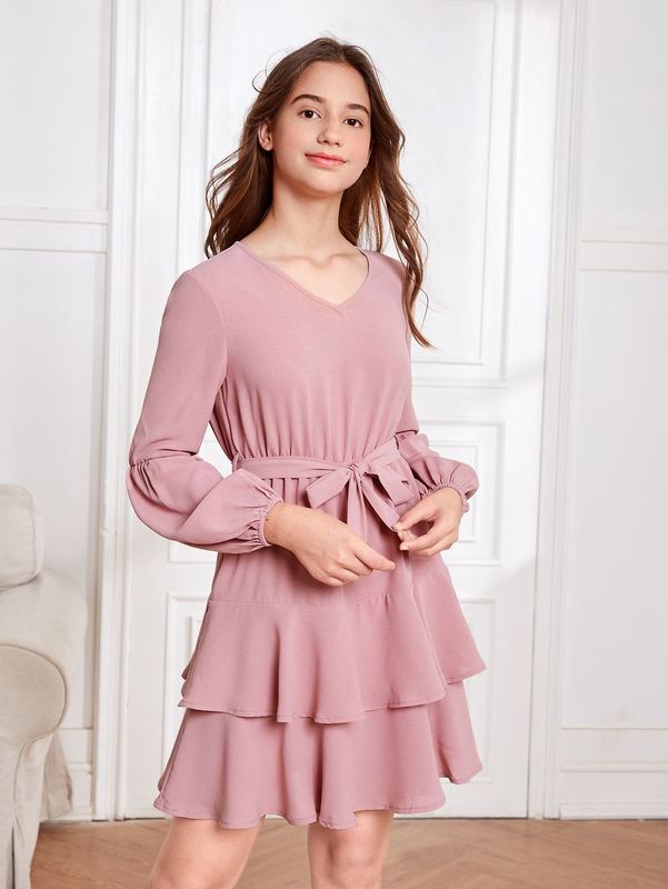 Teen Girls Lantern Sleeve Two Layer Hem Belted Dress SHE
