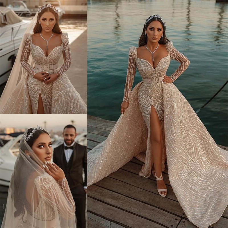 Luxury Dubai Mermaid Wedding Dress With Detachable Train Glitter Sequins Long Sleeve Robe De Mariée Sweep Train Church Champagne Bridal Gown, Red
Luxury Dubai Mermaid Wedding Dress With Detachable Train Glitter Sequins Long Sleeve Robe De Mariée Sweep Train Church Champagne Bridal Gown, Red