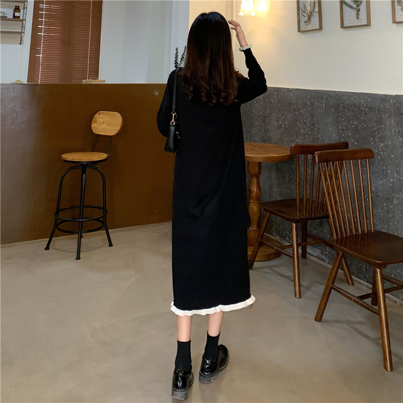 Sweet Ruffled Collar Lace Dress Women Fashion Contrast Color Flare Sleeve Acrylic Knitted Dress Autumn Winter Midi Sweater Dress 201126