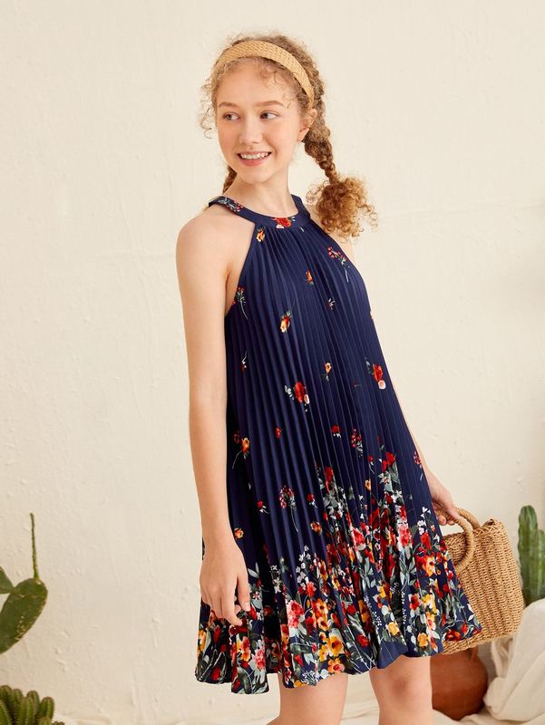 Teen Girls Floral Print Pleated Halter Dress SHE